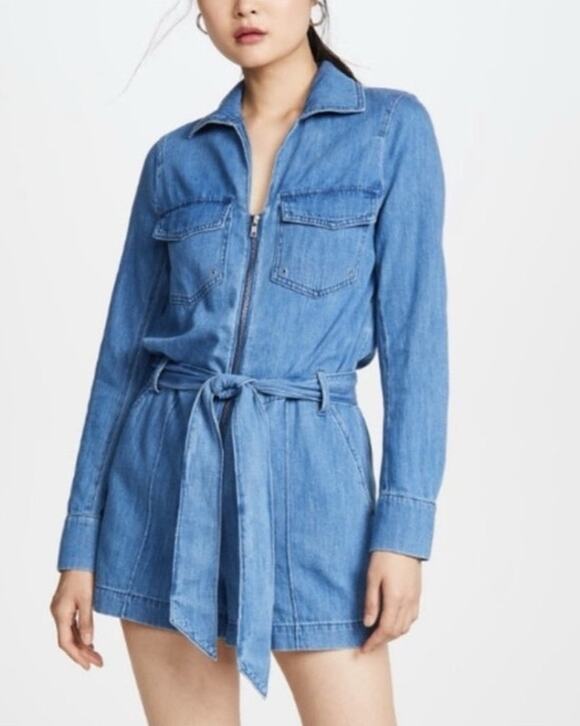 Veronica Beard Jeans Pants - Veronica Beard Jean Denim Long Sleeve Zip Front Romper Blue S